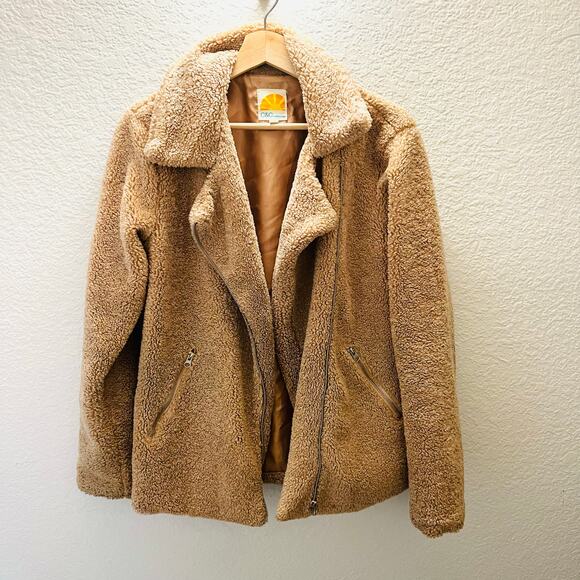 C&C California Faux Shearling Moto Jacket Women Small Tan Teddy Sherpa Zip Coat - Picture 2 of 6